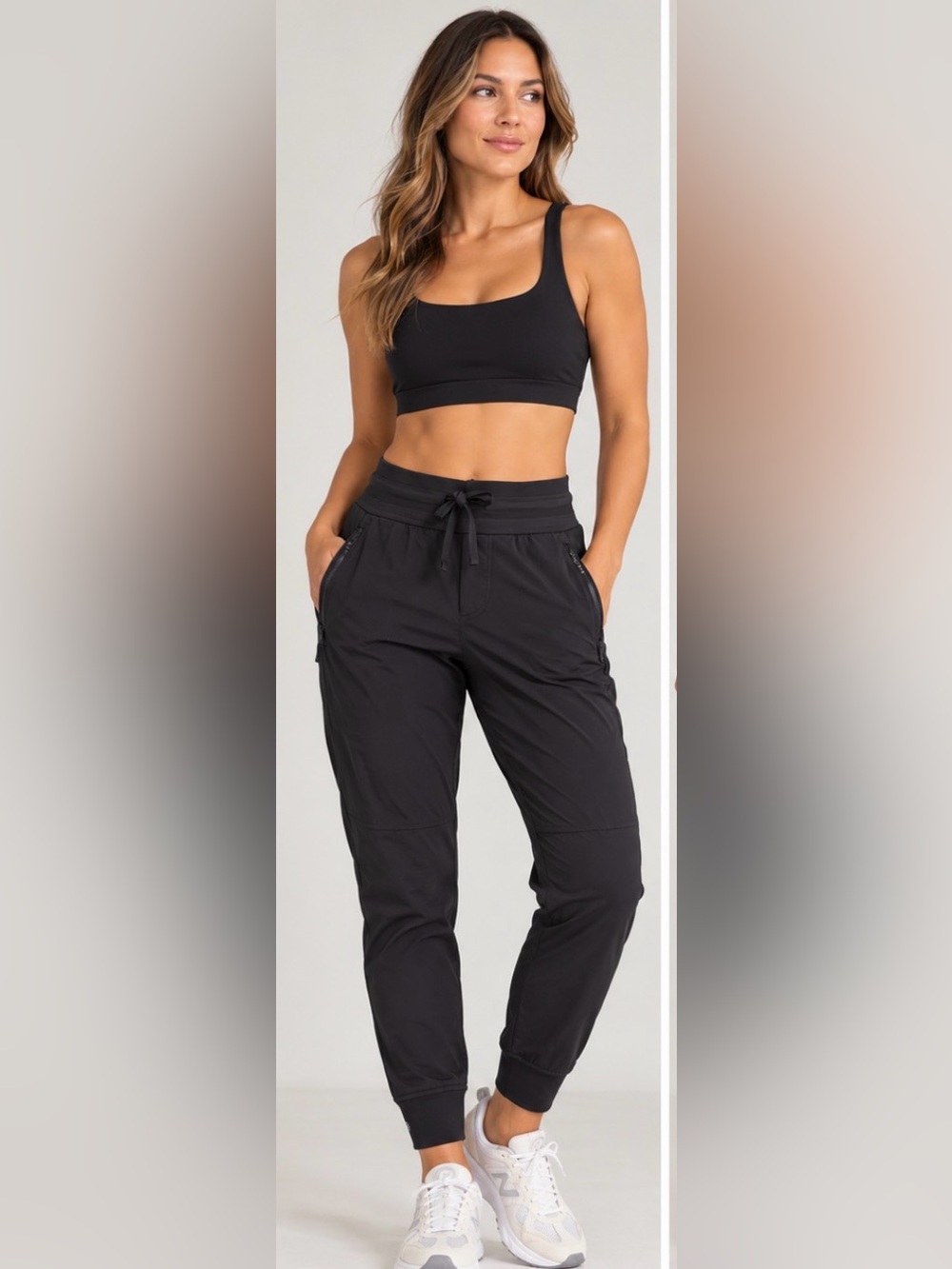 Athleta Venice Jogger Pants 12 Petite Black Ribbed Waist Zip Pockets